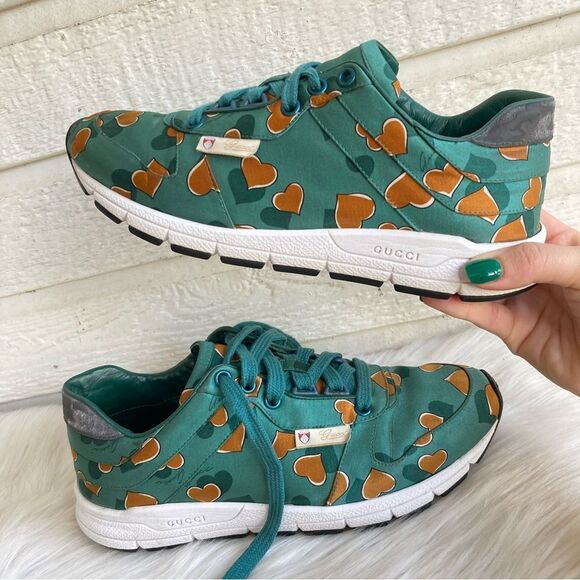 GUCCI. TEAL green Heart Satin Silk Monogram Sneakers Ace Princetown oxfords 36.5 - Picture 1 of 13